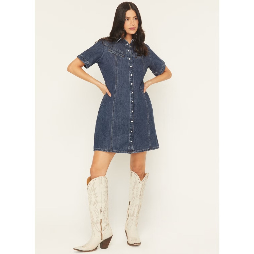 Levis Denim Mini Dress Sz M NWT Pearl Snap Short Sleeve Dark Wash Western Rodeo